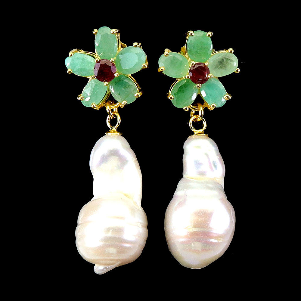 BAROQUE PEARL AND EMERALD SILVER EARRINGS